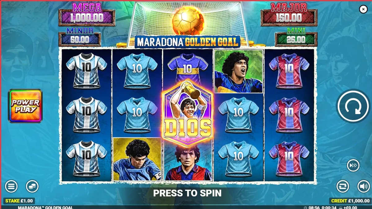 Maradona Golden Goal slot machine interface featuring football imagery